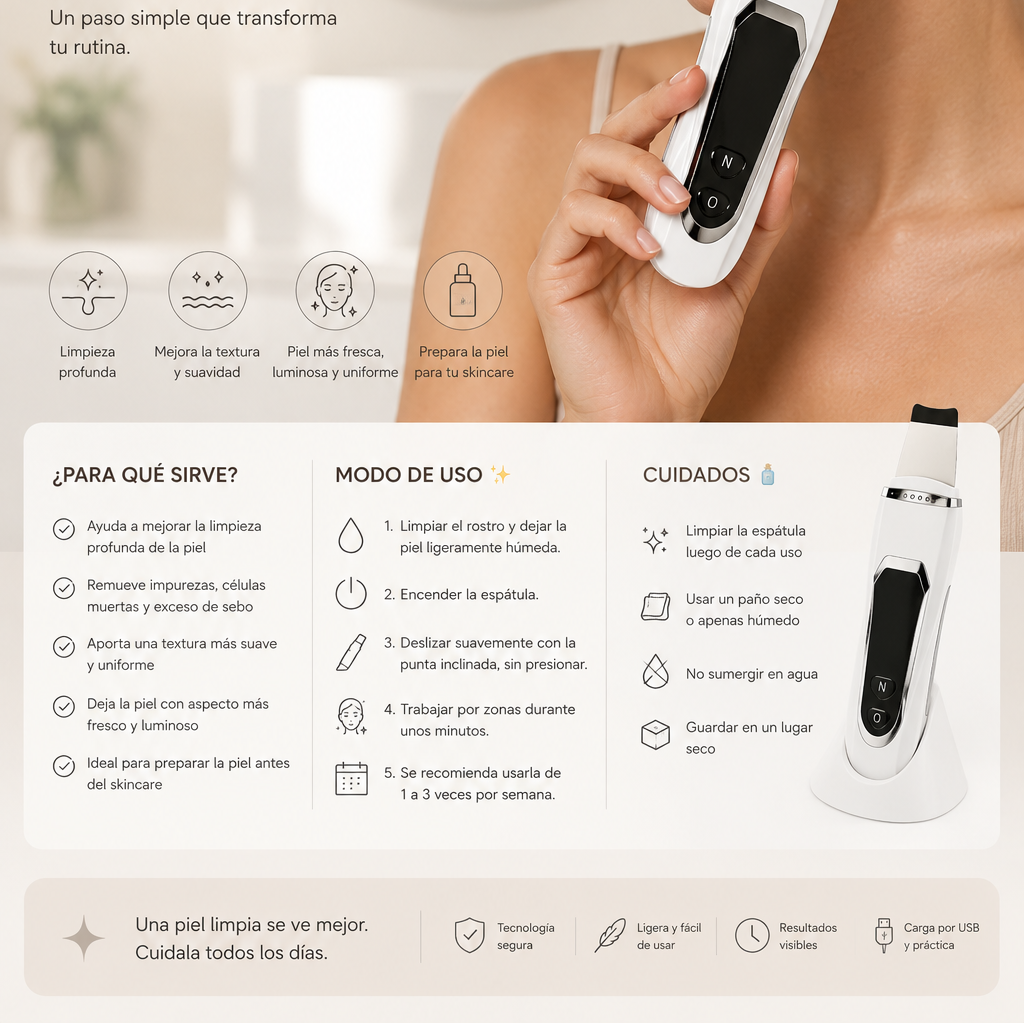 LIMPIADOR - EXFOLIANTE FACIAL ULTRASONICO ESPATULA